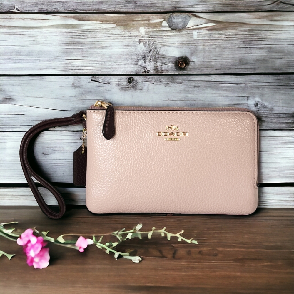 Coach Mauve/Cranberry double corner zip wristlet